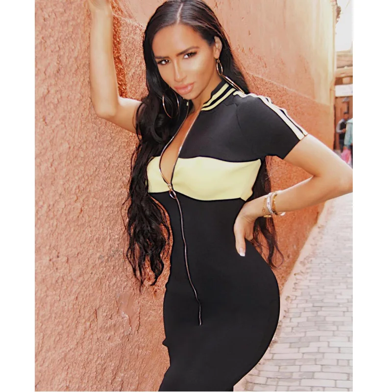 Casual Tight Dress Women Fashion 2019 Sexy Patch Work Slim Dresses Ladies Summer Turtleneck Mini Vestidos | Женская одежда
