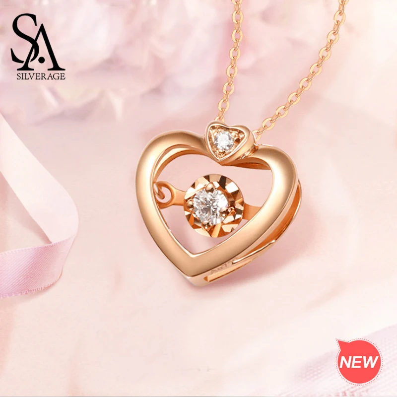 

SA SILVERAGE Necklaces Real Gold Jewelry 18K Rose Gold Heart Pendant Necklaces for Woman Diamond Pendant Chain Pendant Necklaces