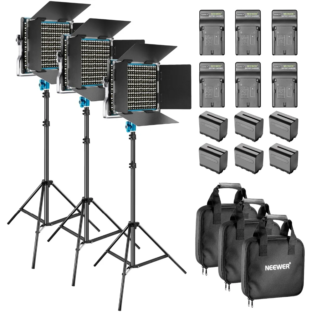 

Neewer 3-Pack Dimmable Bi-Color 660 Photo Studio LED Video Light with 2m Light Stand 6-Pack Rechargeable 6600mAh Battery Youtube