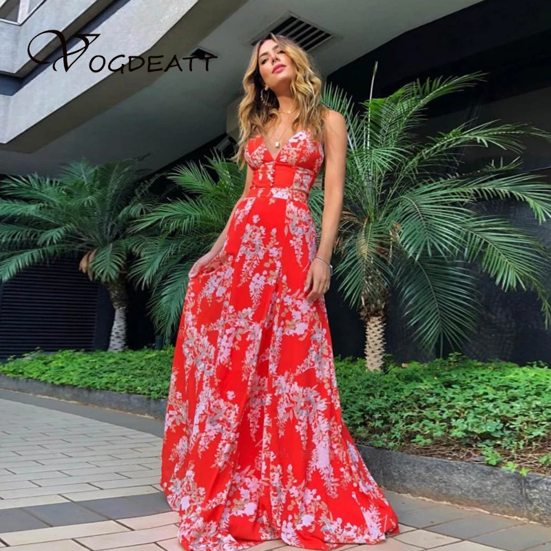 Red Backless floral print long dress 2019 Women Summer Dress Sexy Party Night Bohemian Beach Dresses Elegant Bandage Maxi | Женская
