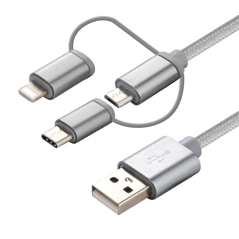 

Data cable 3 in 1 aluminium alloy nylon 8 pin Micro USB data cable applicable type C for Apple Android phone usb charging cable