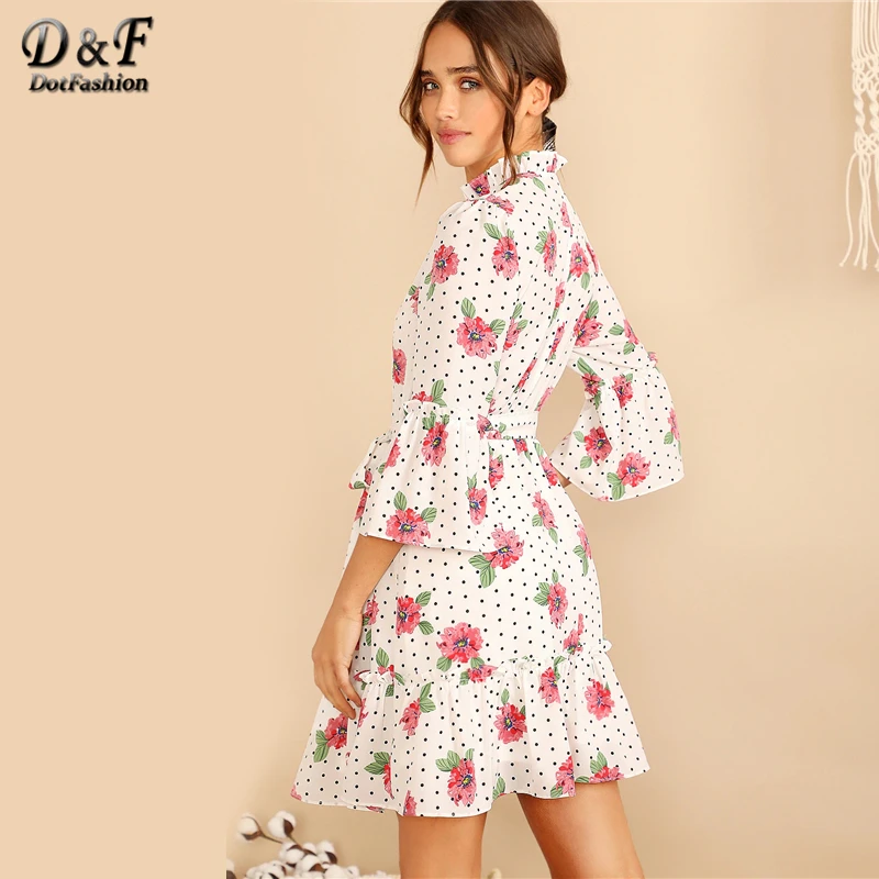 Dotfashion, белое платье в горошек с воротником-стойкой и поясом, с рукавами-колокольчиками, Женская винтажная одежда, весна, бохо, короткое платье трапециевидной формы