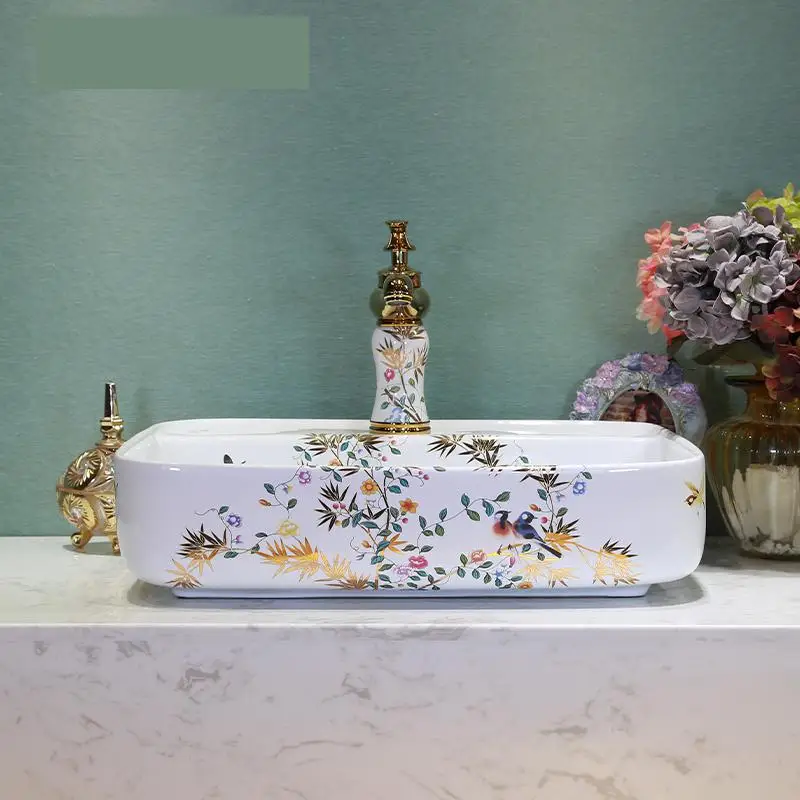 Керамический умывальник Lavabo ручной работы с цветами и птицами Европейский