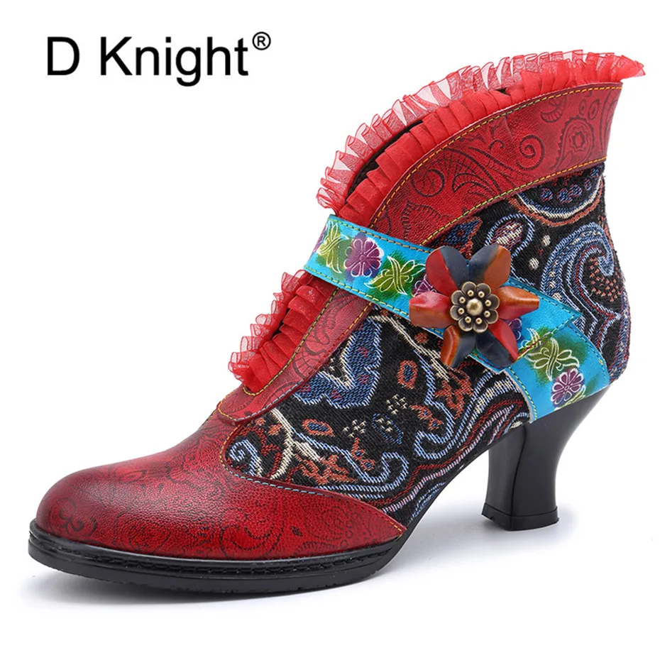 Genuine Leather Retro Splicing Ankle Boots For Women Shoes Patchwork Lace D Knight Woman Boots Block Heels Embroidy Botas Shoes