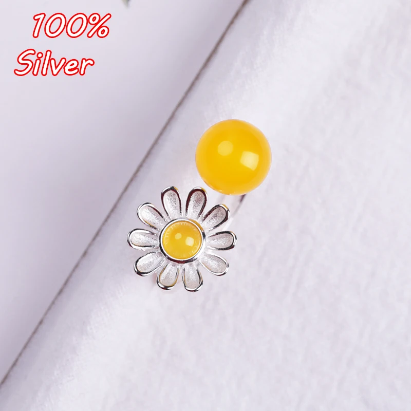 925  Sterling Silver Color White Gold 8*10mm Cabochon Chrysanthemum Rings for Amber Opal Agate Turquoise Fine Jewelry Wholesale