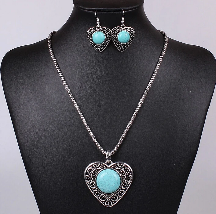 high quality fashion lead and nickel free heart pendant turquiose necklace earrings bangles bracelet jewelry sets shje042 | Украшения и
