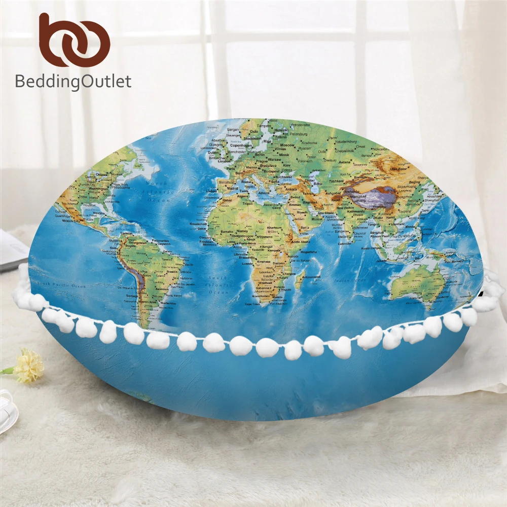 BeddingOutlet круглая наволочка с картой мира яркий синий принтом на пол уютная ткань