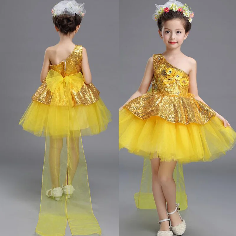 Голубое желтое платье с блестками для девочек свадьбы вечеринки Бальные
