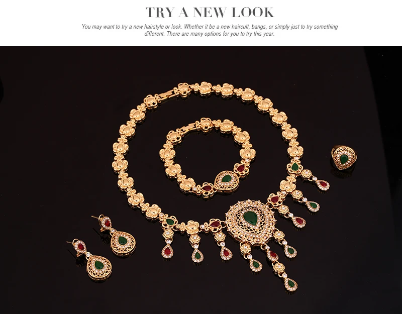 Модный комплект ювелирных изделий из Дубая золотого цвета с красным/зеленым