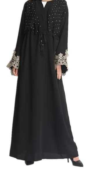 Черный, серый, Турецкая абайа, Дубай, Женский мусульманский кардиган-кимоно из бисера, Бангладеш, длинный халат, хиджаб/кафтан, кафтан, Исламская одежда - Цвет: Black Abaya