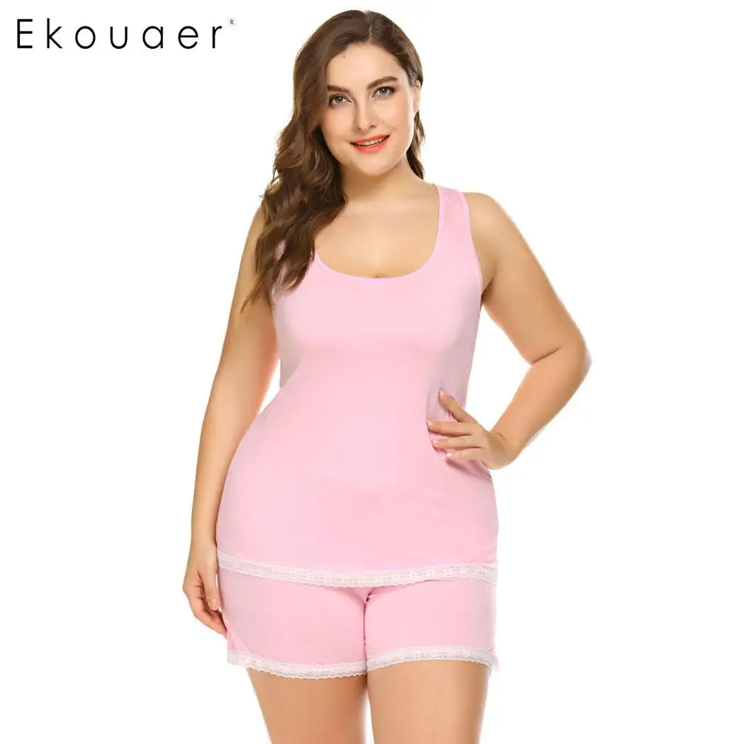 Pink Ekouaer плюс размер пижамы женские пижамные комплекты майка и шорты одежда для отдыха женское белье Комплекты для сна Домашняя одежда XL-5XL - Цвет: Pink