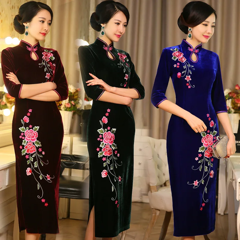 

Free Shipping National Trend Cheongsam Chinese Style Stand Collar embroidered flower Dress Winter Long Women Dresses
