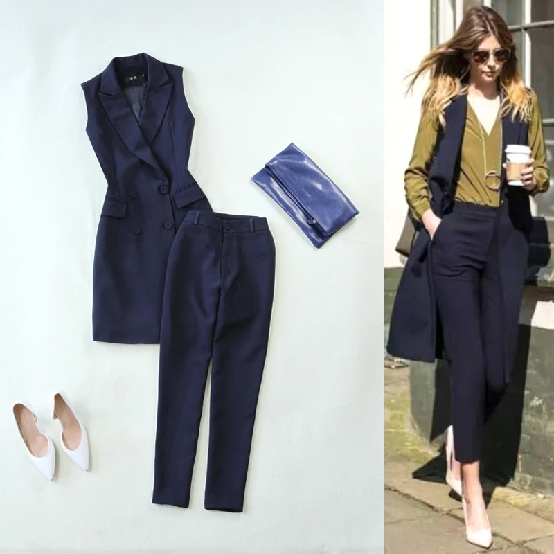 Women's 2 piece set spring and summer new Tibetan blue suit long section OLvest jacket with nine points slim feet pants two sets