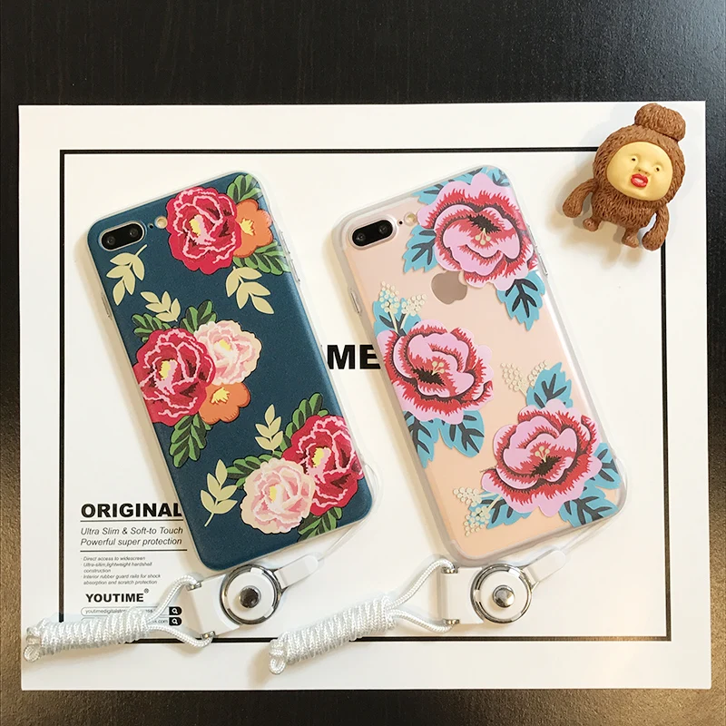 Youtime phone case For iphone 7 3D relief PC Matte back cover design 6 6s Plus anti-knock cute rose girl hang rope |