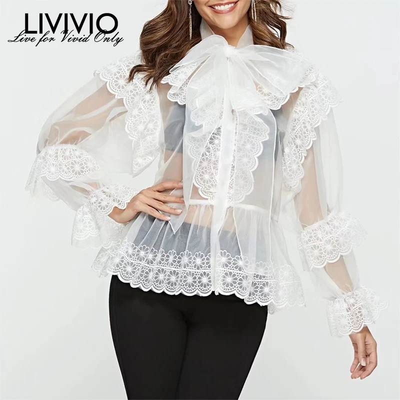 [LIVIVIO] кружевные рубашки, блузка для женщин с бантом, на шнуровке, с пышными рукавами, Прозрачные топы, женская элегантная мода, весна, новая модная одежда