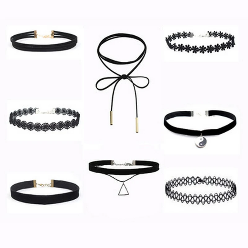 

New Fashion Chokers Set Black Lace Velvet Chokers Necklace For Women Harajuku Ribbons Necklaces Flower Lips Charms jewelry
