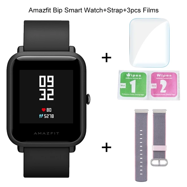Add 1 Strap 3 Films Оригинальные Смарт-часы Xiaomi Amazfit Bip, фитнес-трекер, gps, умные часы, IP68, водонепроницаемые, 45 дней, срок службы батареи, пульсометр - Цвет: Add 1 Strap 3 Films