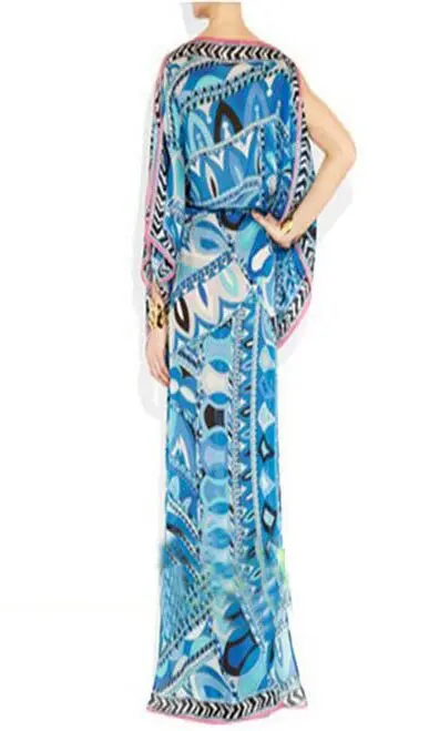 Европейская мода женское синее эластичное платье макси с геометрическим принтом