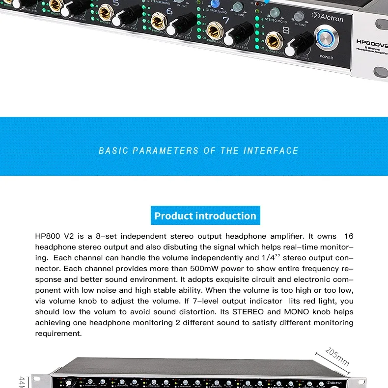 Alctron HP800 V2 16-канальный усилитель для наушников имеет 8 группа независимых стерео наушники каналов, используемых для усиления наушников
