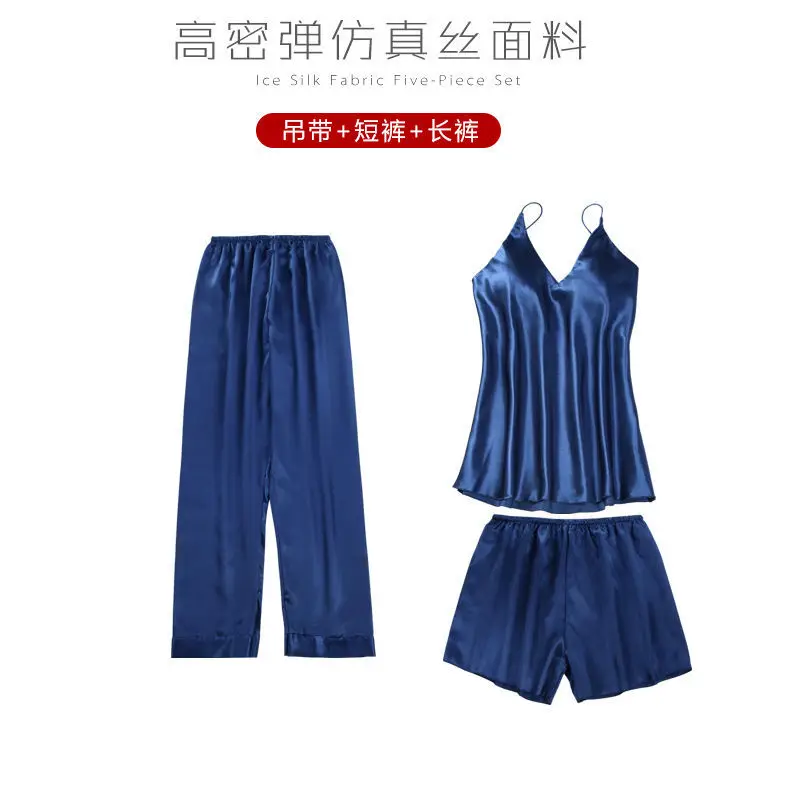 navy blue C Бордовые пижамы для женщин, сексуальные кружевные пижамы, атласные пижамы с шортами, 5 предметов, пижамы, костюмы, повседневная домашняя одежда - Цвет: navy blue C