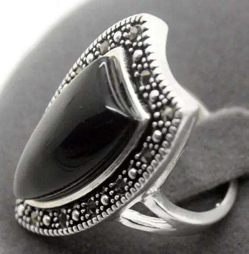 Кольцо из серебра 925 пробы 14*26 мм с NANTURAL BLACK AGATE MARCASITE Размер 7/8/9/10 | Украшения и