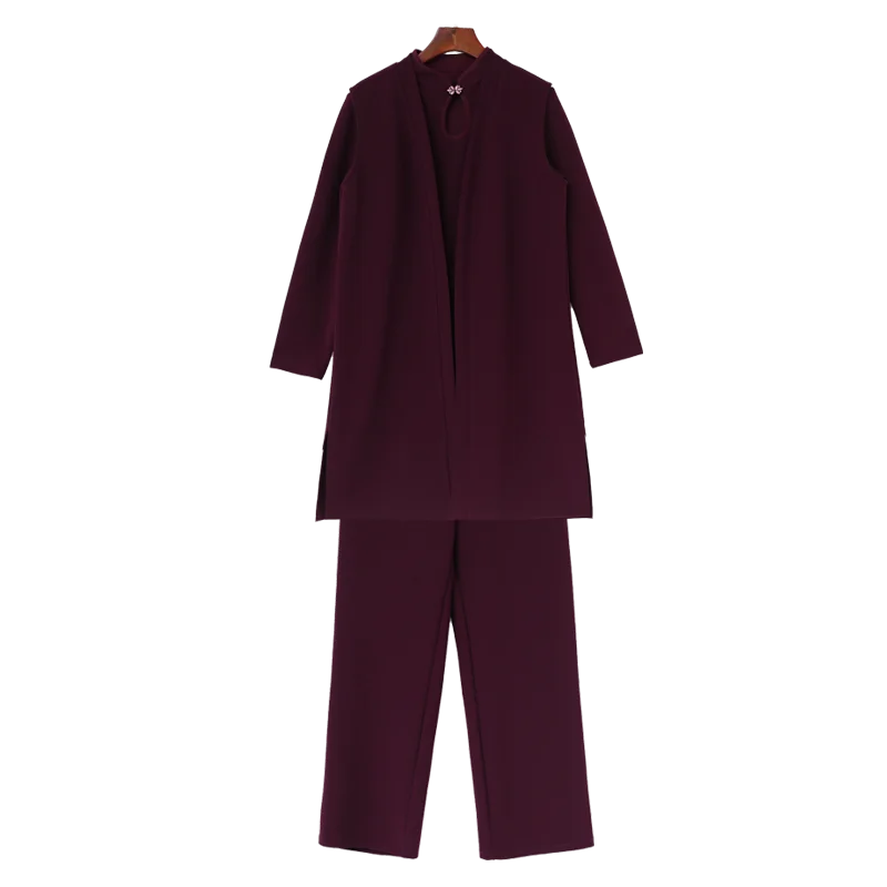 Autumn Winter 2018 Cotton Elegant Three Piece Set Women Long Coat + Sleeve Top Wide Leg Pants Loose Vogue Casual Suits | Женская одежда