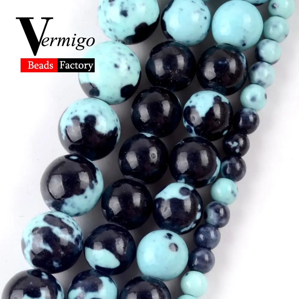

Natural Lake Blue Black Spots Rain Flower Stone For Jewelry Making DIY Necklace Bracelet Round Loose Spacer Beads 4mm-10mm 15"