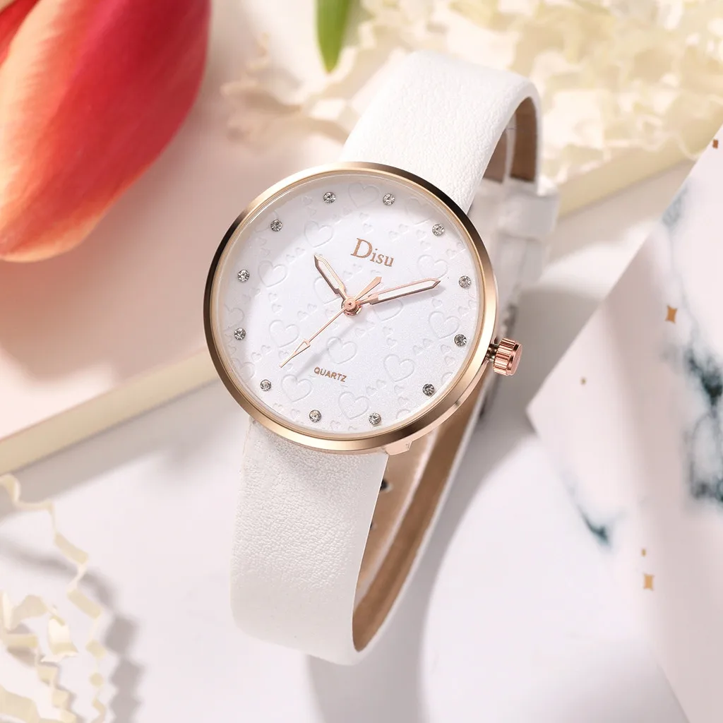 Disu Fashion Top Brand Lady Watch Frosted Dial Heart Shape Pattern Leather Belt Women Clock Quartz Wrist Watches orologio donna | Наручные