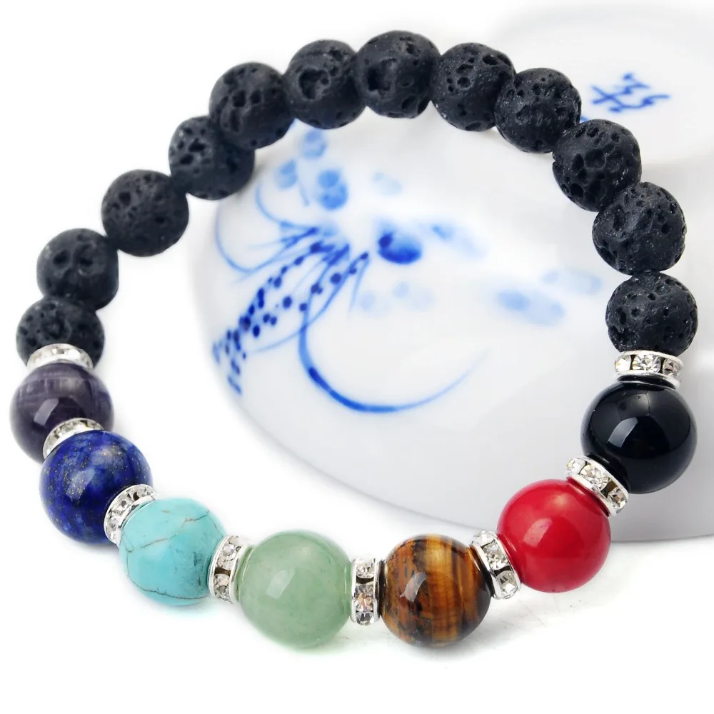 7 Chakra Stone Yoga Healing Beaded Bracelet Natural Lava  Diffuser   Pearls Jewelry Reiki s For Women Men