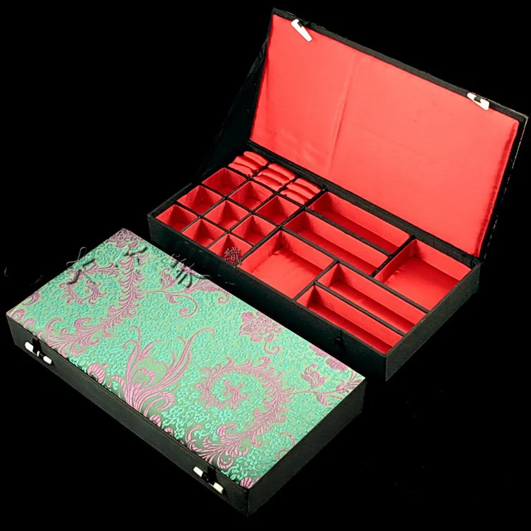 High End Multi Slot Grid Fabric Storage Box Wood Silk Brocade Multiple Ring Earrings Bracelet Pendant Necklace Collection Case