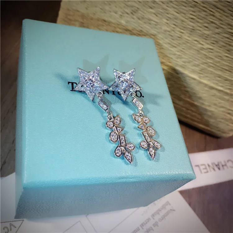 

Real 925 Sterling Silver Cute Sweet Earrings for Women Fashion Sparkling Zircon Pentagon Tassel Stud Earrings