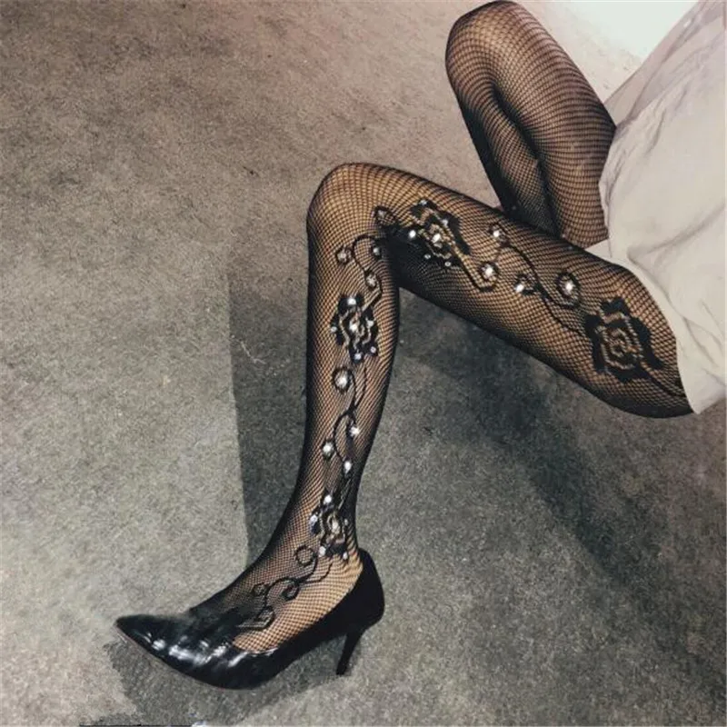 Сексуальные женские чулки облегающие колготки в сеточку с большими цветами и