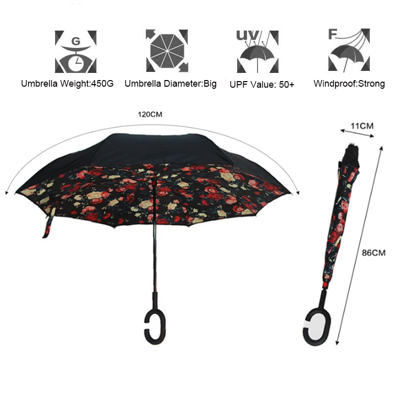 Reverse Umbrellas For Double Layer Umbrella Cloth Inverted Bumbershoot Shape Handle Windproof Long Rain Gear | Дом и сад