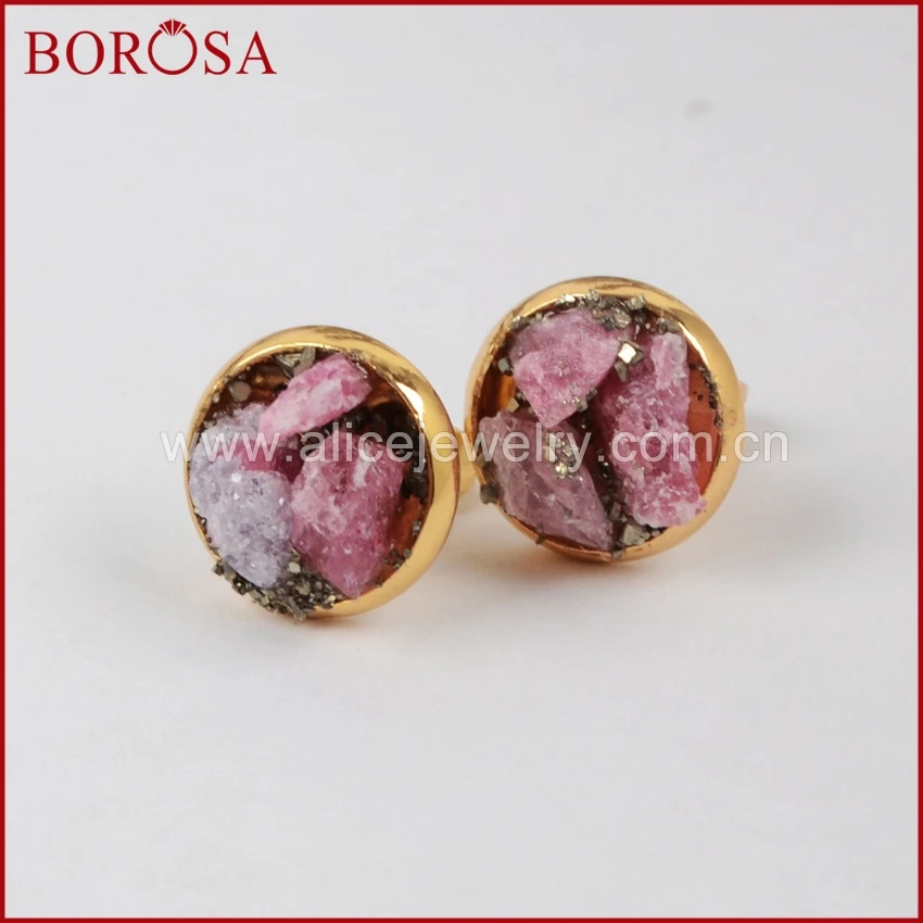 Серьги пусеты borosa золотистого цвета круглые натуральный красный турмалин и