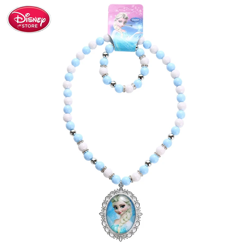 Disney Frozen Gemstone Necklace Bracelet Princess Anna Elsa Crown Cosplay Set for Girls Play Makeup Toys Gift
