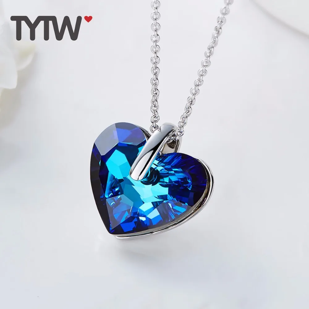 Женские Австрийские ожерелья TYTW с кристаллами кулон в виде сердца океана Синий