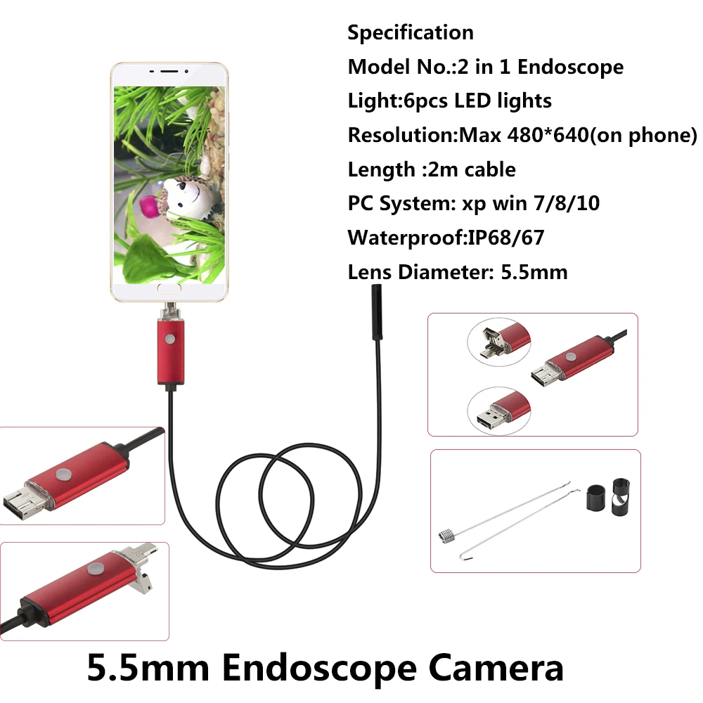 USB-эндоскоп с объективом 5 мм 2 м водонепроницаемая камера IP67 Andorid эндоскоп 6