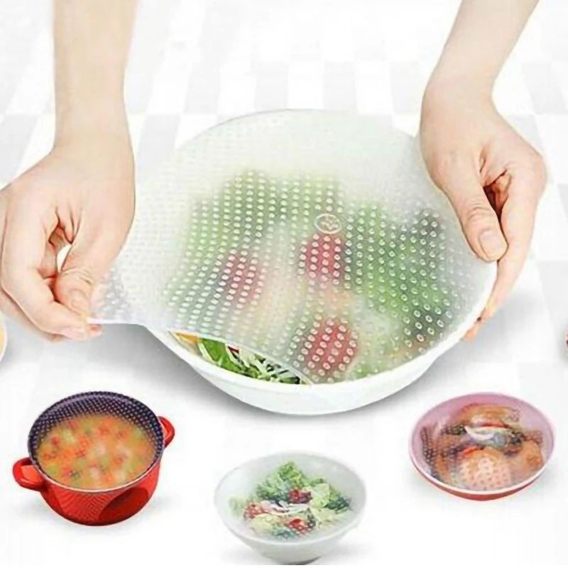 

New 4pcs/set Reusable Silicone Cover Food stretch Lid Preservative Film Food Fresh Keeping Kitchen Tools Multifunctional Wrap