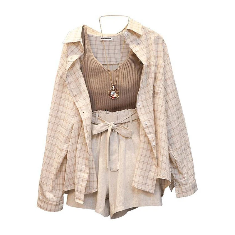 Комплект из трех предметов Trytree Женский повседневный льняной топ в клетку и шорты