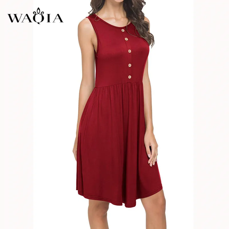 Waqia 2019 летнее платье женское однотонное мини без рукавов Boho короткое пляжное