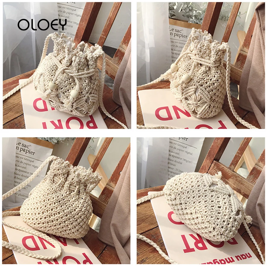 New Drawstring Women's Bucket Straw Bag Summer Woven Shoulder Bags Female Beach Handbags Travel Tote Messenger Sac | Багаж и сумки