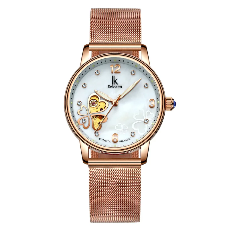 Rose gold Rose gold Ikcoloring светящийся дисплей полый Клевер Творческий алмаз циферблат модные женские часы - Цвет: Rose gold Rose gold