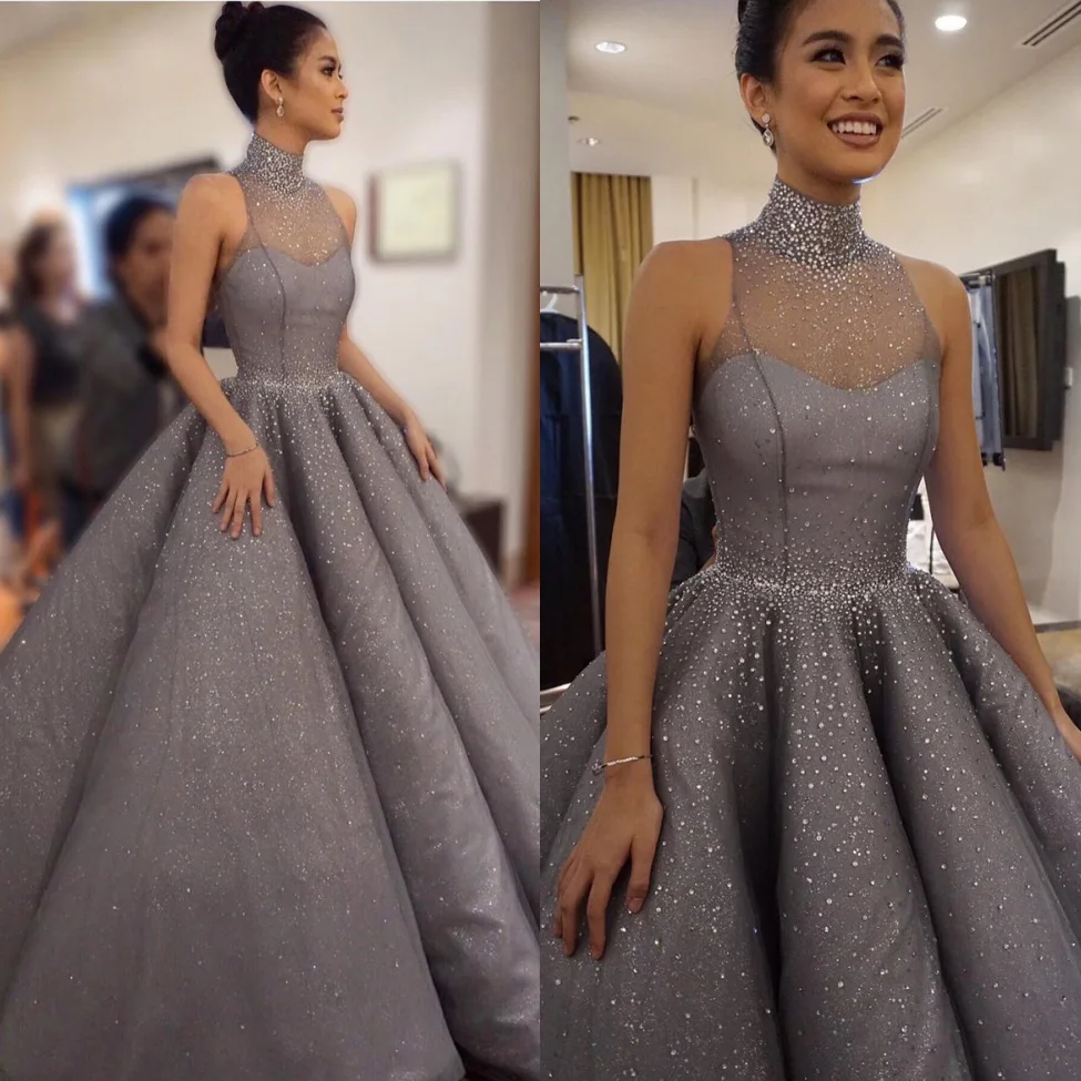 Гэри бальное платье вечерние платья 2017 высокая шея бисера блесток атласная