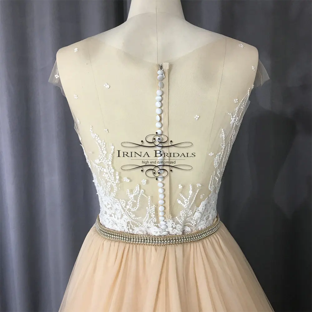Кружевная аппликация с жемчугом Irina Bridals свадебное платье цвета шампанского со