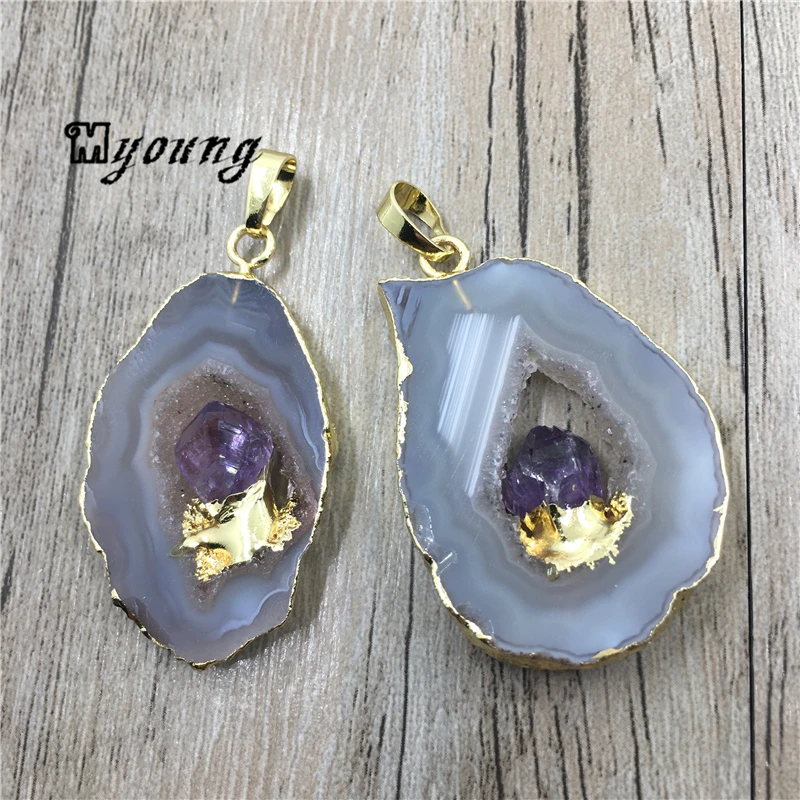 Кулон Agates Druzy фрагмент жеоды кулон с золотыми краями, натуральный Агаты кварц кулон с аметистами точка встроенный MY0037