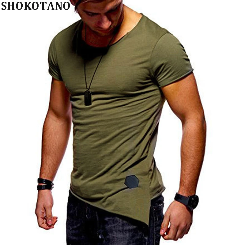 SHOKOTANO Для мужчин футболка удлиненный асимметричный подол мужской Slim Fit Тощие