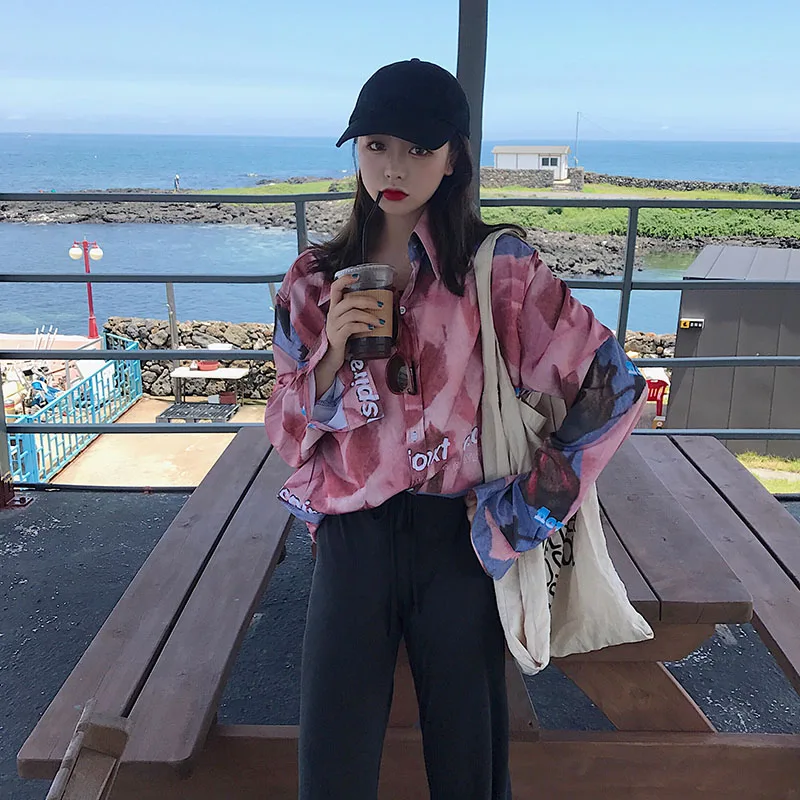Cheerart Autumn 2018 Long Floral Blouse Sleeve Shirt Loose Pink Top Button Down For Women Korean Fashion Clothing | Женская одежда