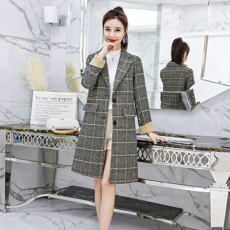 Шерстяная Куртка женская 2018 ВЕСНА Новинка средней длины в клетку модное