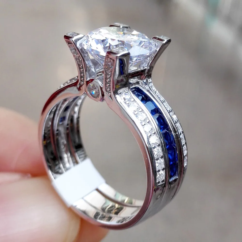 2 шт., 925, anillos, серебряное свадебное кольцо принцессы с голубым топазом, наборы для женщин, обручальное кольцо с кубическим цирконием, модное ювелирное изделие