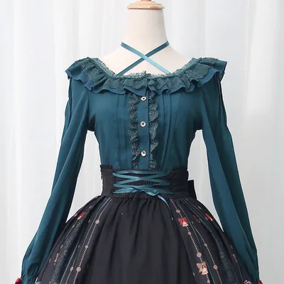 

Princess daily sweet lolita shirt vintage lace lantern sleeve cross strap victorian shirt kawaii girl gothic lolita top loli cos